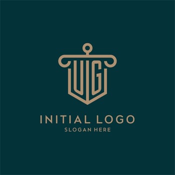 UG monogram initial logo design with shield and pillar shape style vector