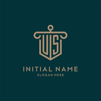 US monogram initial logo design with shield and pillar shape style vector
