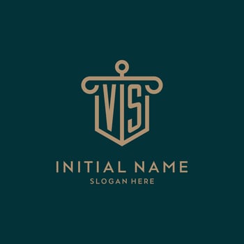 VS monogram initial logo design with shield and pillar shape style vector