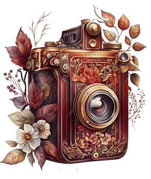 vintage old polaroid camera with watercolor floral leaves and flowers, png