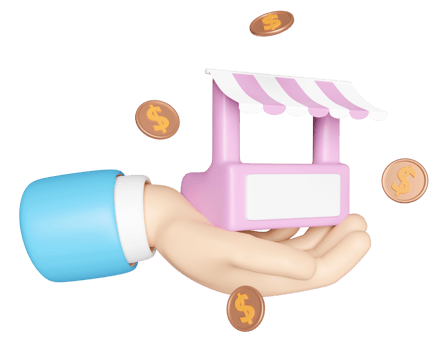 cartoon hands holding store front, coins isolated. Startup franchise business or loan approval concept, 3d render illustration png