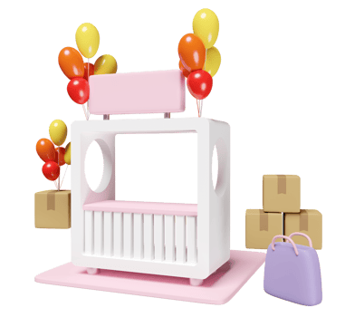 store front with goods cardboard box, balloon, paper bags, isolated. Startup franchise business or loan approval concept, 3d render illustration png