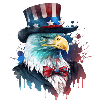 Watercolor patriotic bald american eagle with hat, 4th of July element, png