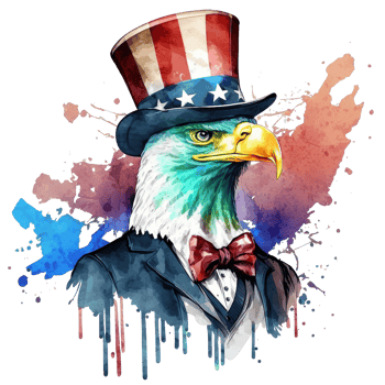 Watercolor patriotic bald american eagle with hat, 4th of July element, png