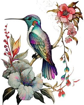 Hummingbird with flowers watercolor illustration, png