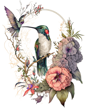 Hummingbird with flowers watercolor illustration, png