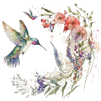 Hummingbird with flowers watercolor illustration, png