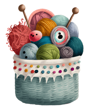 basket of yarn and needles, watercolor, isolated, png