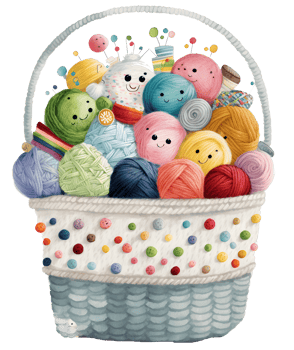 basket of yarn and needles, watercolor, isolated, png