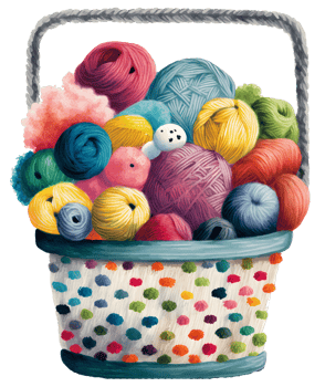 basket of yarn and needles, watercolor, isolated, png
