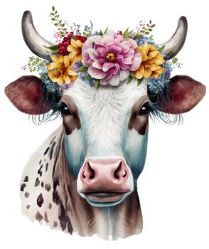 cow head with flowers isolated, png