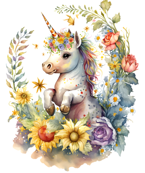 cute unicorn in the middle of lots of sunflowers, rose, wild flowers around, isolated, png