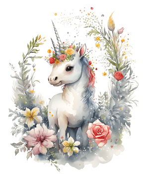 cute unicorn in the middle of lots of sunflowers, rose, wild flowers around, isolated, png