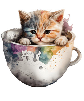 cute cat in a cup showing only the face with adorable look, watercolor, png