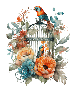 bird in cage with flowers around isolated, png