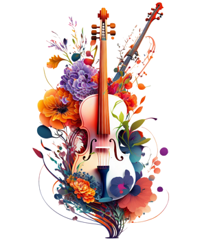 Violin covered with colorful flowers. watercolor graphics, png