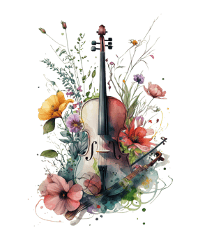 Violin covered with colorful flowers. watercolor graphics, png