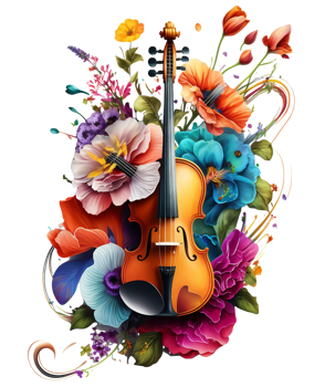 Violin covered with colorful flowers. watercolor graphics, png