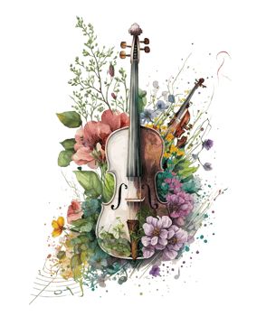 Violin covered with colorful flowers. watercolor graphics, png