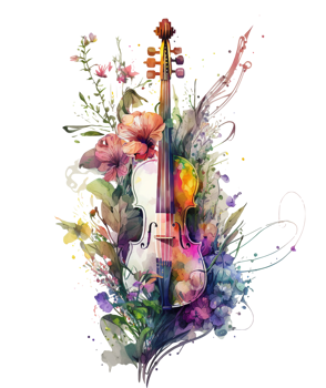 Violin covered with colorful flowers. watercolor graphics, png