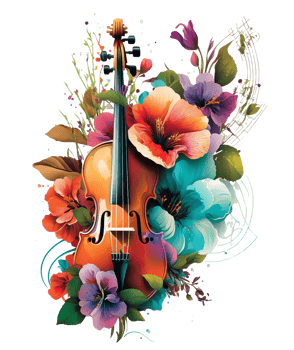 Violin covered with colorful flowers. watercolor graphics, png