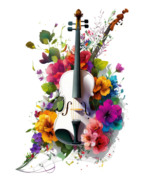 Violin covered with colorful flowers. watercolor graphics, png