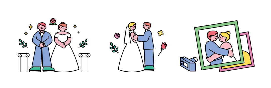 wedding day. Front view, side view, wedding photo of couple in wedding dress. vector
