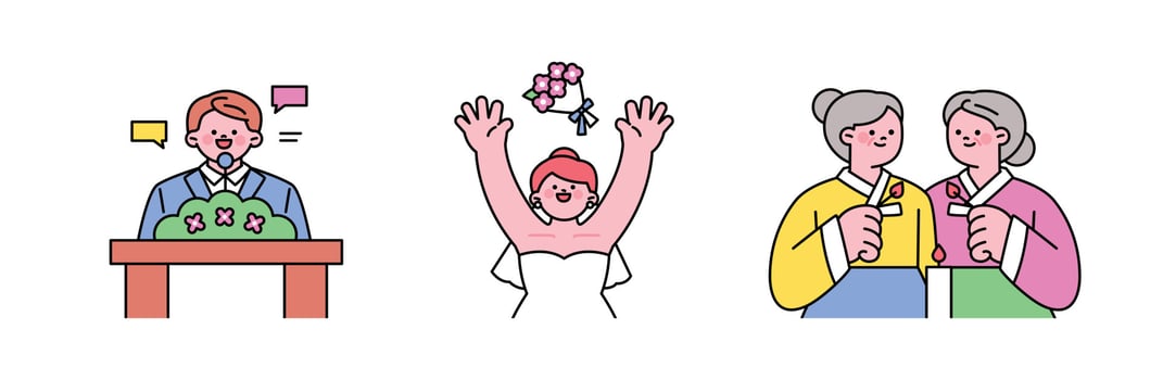 wedding day. The officiating speech, the bride throwing the bouquet, and the Korean mothers of the bride and groom. vector