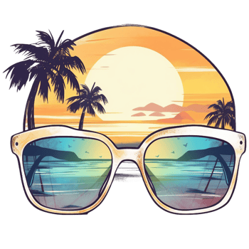 Retro tropical beach summer scene with sunglass and palm tree, watercolor, png