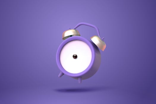 3d illustration of purple twin bell alarm clock in mid air isolated on purple background vector
