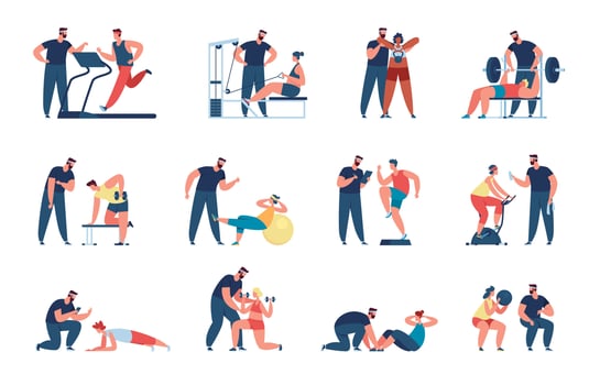 Characters training with personal trainer, athlete with coach. Athletic men and women doing workout with gym fitness instructor vector set