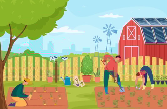 People working at house garden, gardening and growing vector