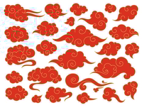Red chinese clouds, japanese oriental style cloud doodles. Asian traditional festive ornaments, japan decorative sky elements vector set