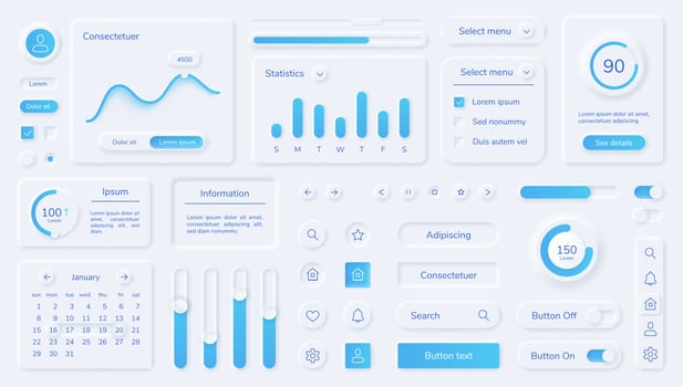 Neumorphic user interface elements, mobile app ui design kit. Buttons, bars, sliders in neumorphism style for website or dashboard vector set