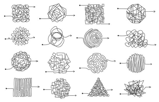 Messy scribble arrow lines, chaotic tangled doodles. Hand drawn squiggles, chaos scrawls, sketch knot arrows confusion concept vector set