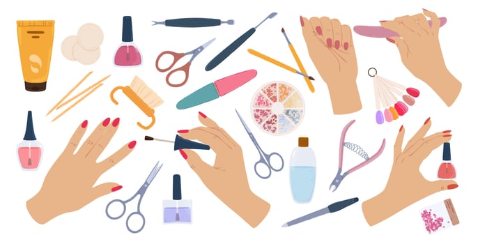 Manicured hand holding nail polish, female hands with manicure tools. Nails care in beauty salon, spa manicure treatment vector set