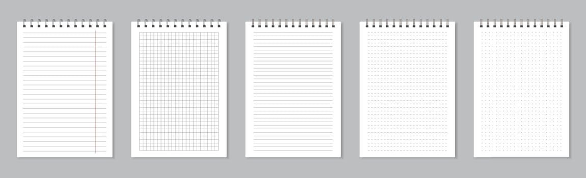 Notebook pages with wire binding, realistic lined paper sheets. Empty school notepad page, memo note sheets with spiral binders vector set