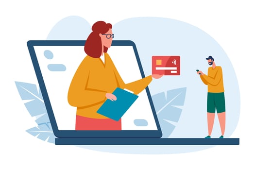 Finance and credit online banking concept. Assistant giving credit card to client from laptop screen vector