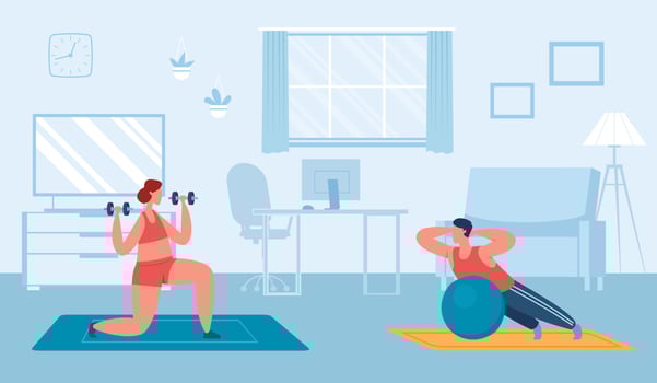 People exercise at home. Woman doing workout with dumbbells on mat, man training with ball in room. Couple leading active lifestyle vector