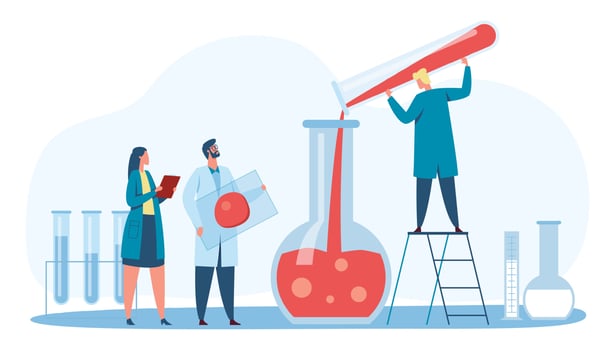 Scientists research. Researcher standing on ladder pouring red liquid from tube to flask. Blood analysis in laboratory vector