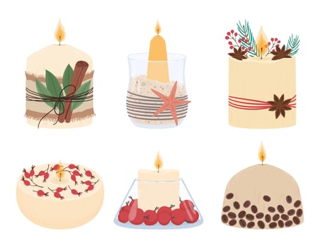 Burning candles with herbs, cinnamon, coffee beans for aromatherapy or spa. Handmade aromatic was candles vector