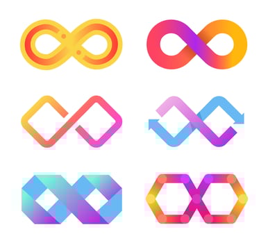 Color infinity icon. Endless sign with arrows and lines. Abstract eternity symbol for business logo. Futuristic curved shapes vector