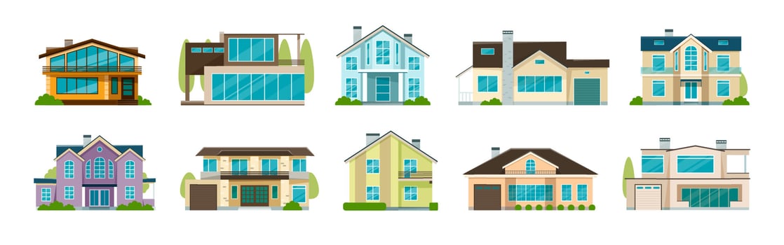 Flat cottage houses, residential villas, modern suburban housing. Real estate, house for sale, country house, residence property vector set