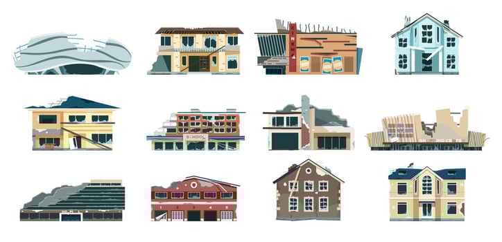 Ruined city buildings, old abandoned and destroyed houses. Collapsed house, decayed building, town ruins after natural disaster vector set