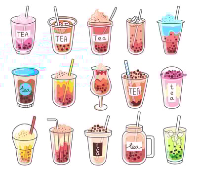 Bubble milk tea doodles, cold boba drinks with tapioca pearls. Taiwan sweet pearl tea drink, iced summer milkshakes and beverages vector set