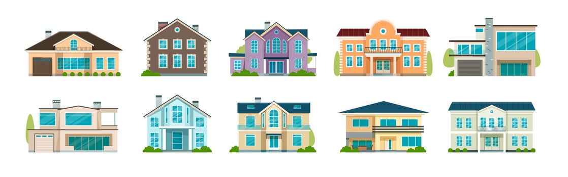 Flat modern cottage house, suburban neighborhood, residential villas. Vacation houses, real estate, country home exterior, vector set