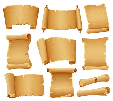 Cartoon scrolls, old parchment paper, ancient papyrus scroll. Antique manuscript roll, medieval rolled papers, blank treasure map vector set