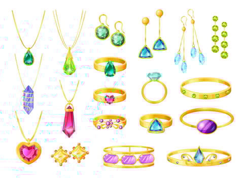 Cartoon gold jewelry with gemstones, wedding rings, earrings, bracelets. Women fashion golden accessories, tiara, jewel necklace vector set