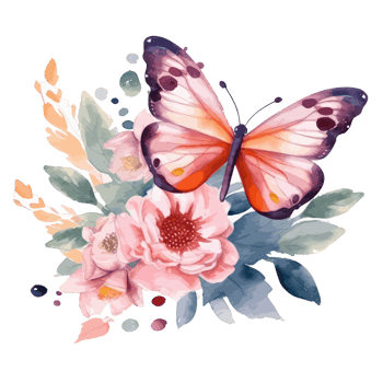 Watercolor butterfly and bouquets spring flowers . png