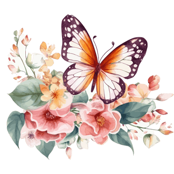 Watercolor butterfly and bouquets spring flowers . png